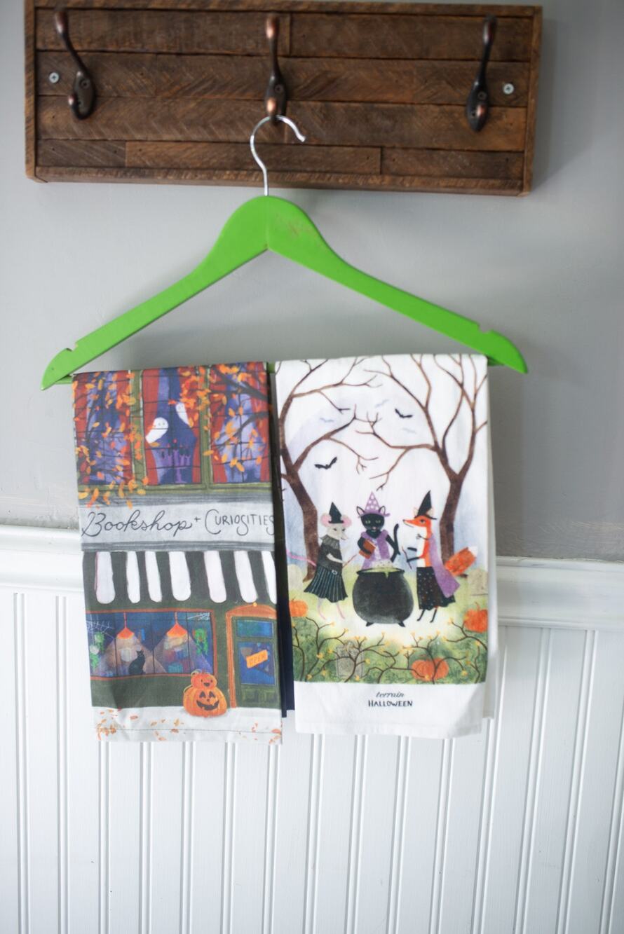 Anthropologie Spooky Bookstore Dish Towel & Terrain Witchy Critters SET of 2